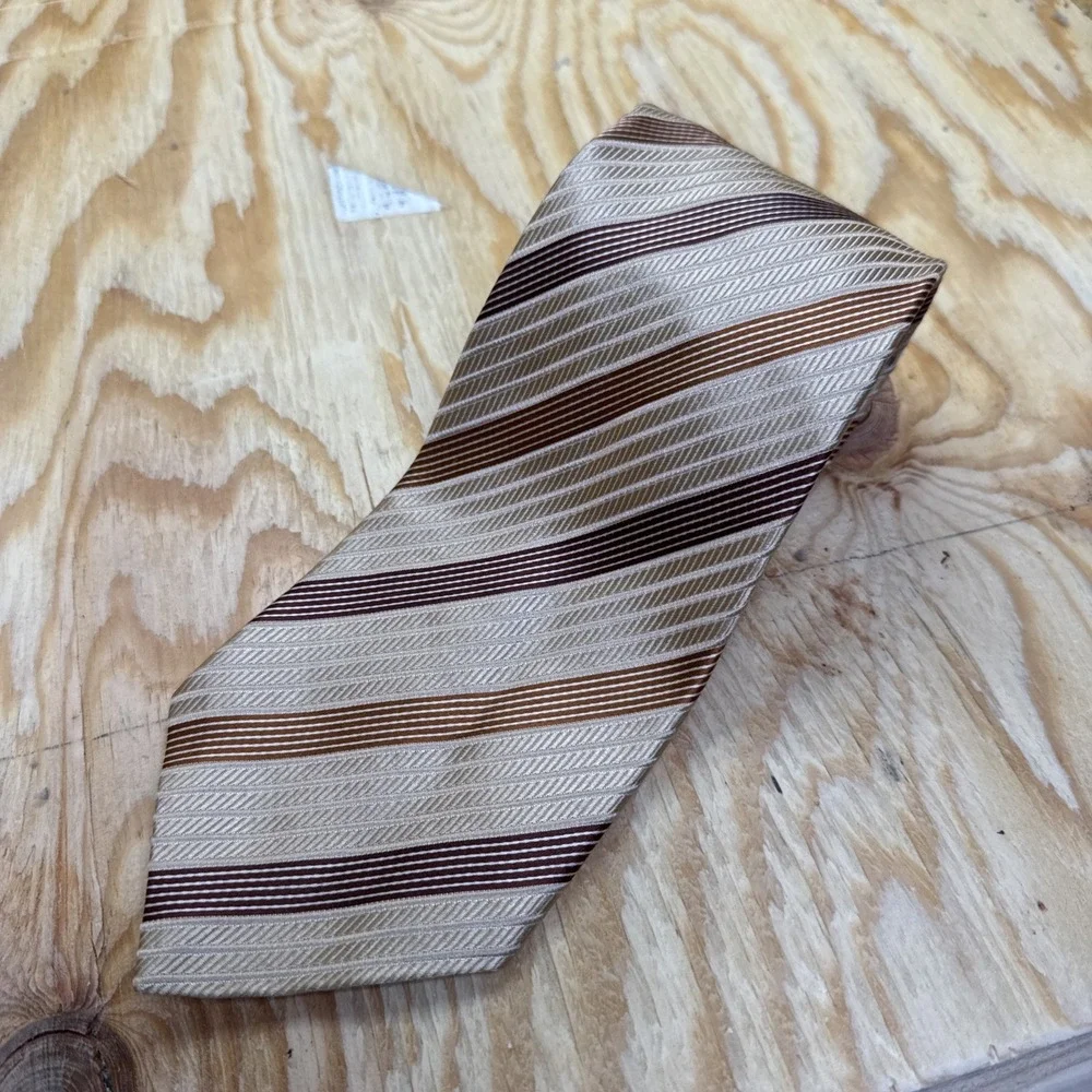 ermenegildo zegna Necktie Brown Beige Regimental Striped Silk Blend Tie‎ Wide